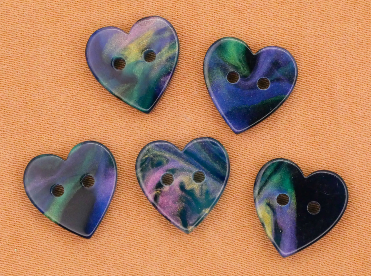 Heart Blue Pink Purple Marbled Plastic Set of Five Buttons Various 11x12mm