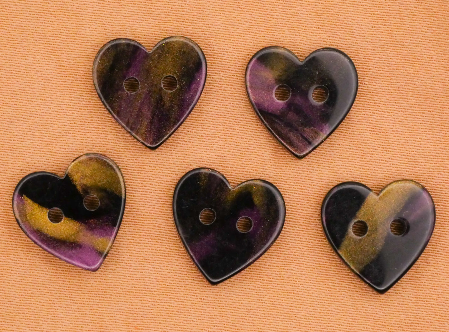 Heart Blue Pink Purple Marbled Plastic Set of Five Buttons Various 11x12mm