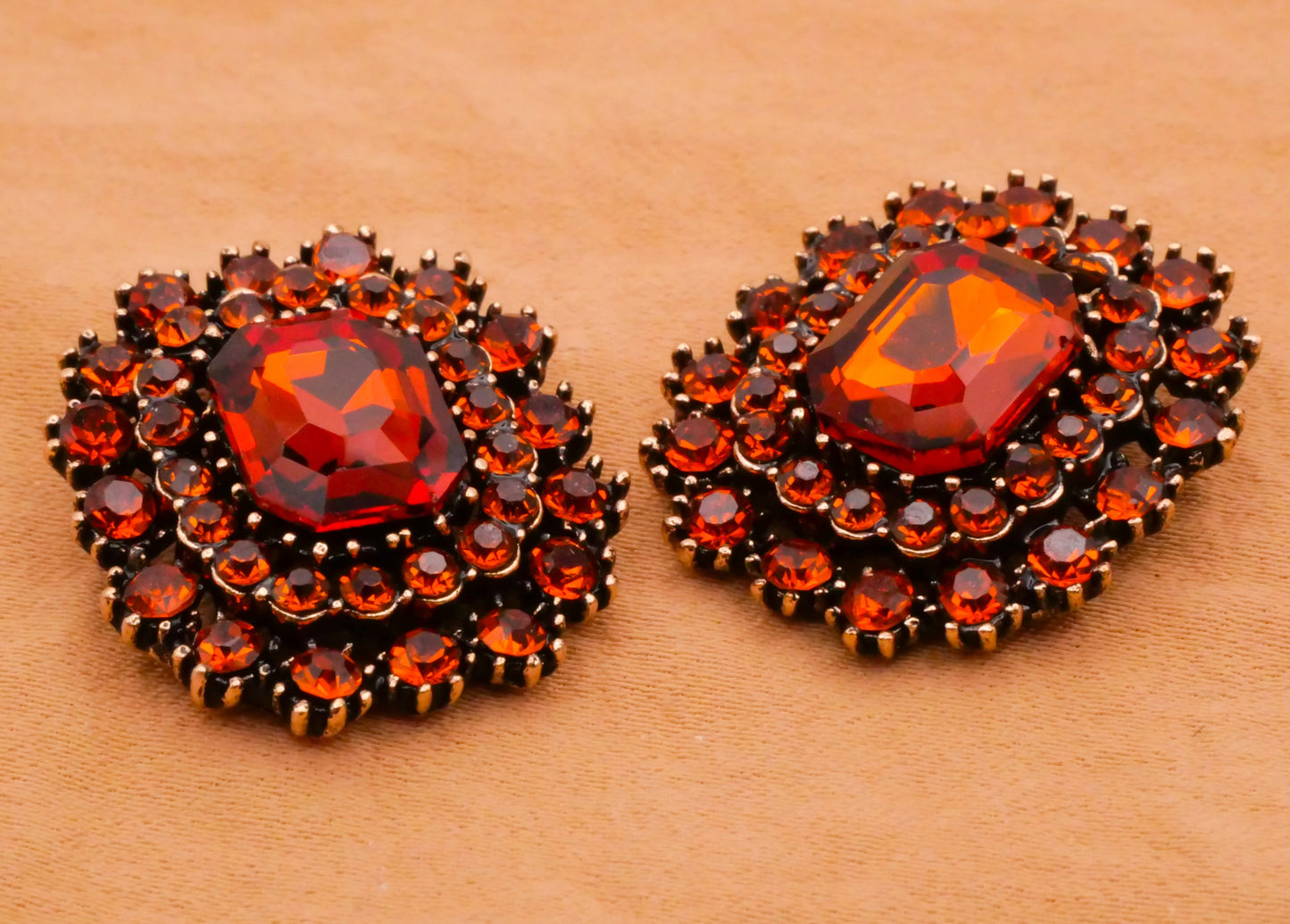 Burnt Orange Rhinestone Bronze Metal Button 21x23mm