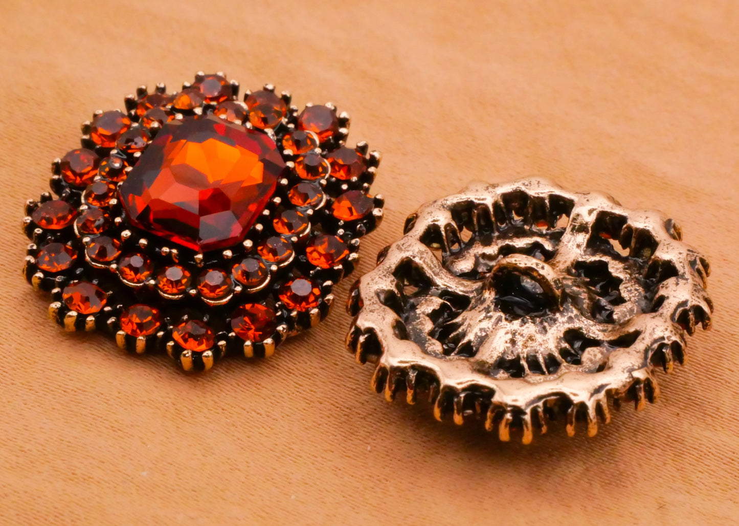 Burnt Orange Rhinestone Bronze Metal Button 21x23mm