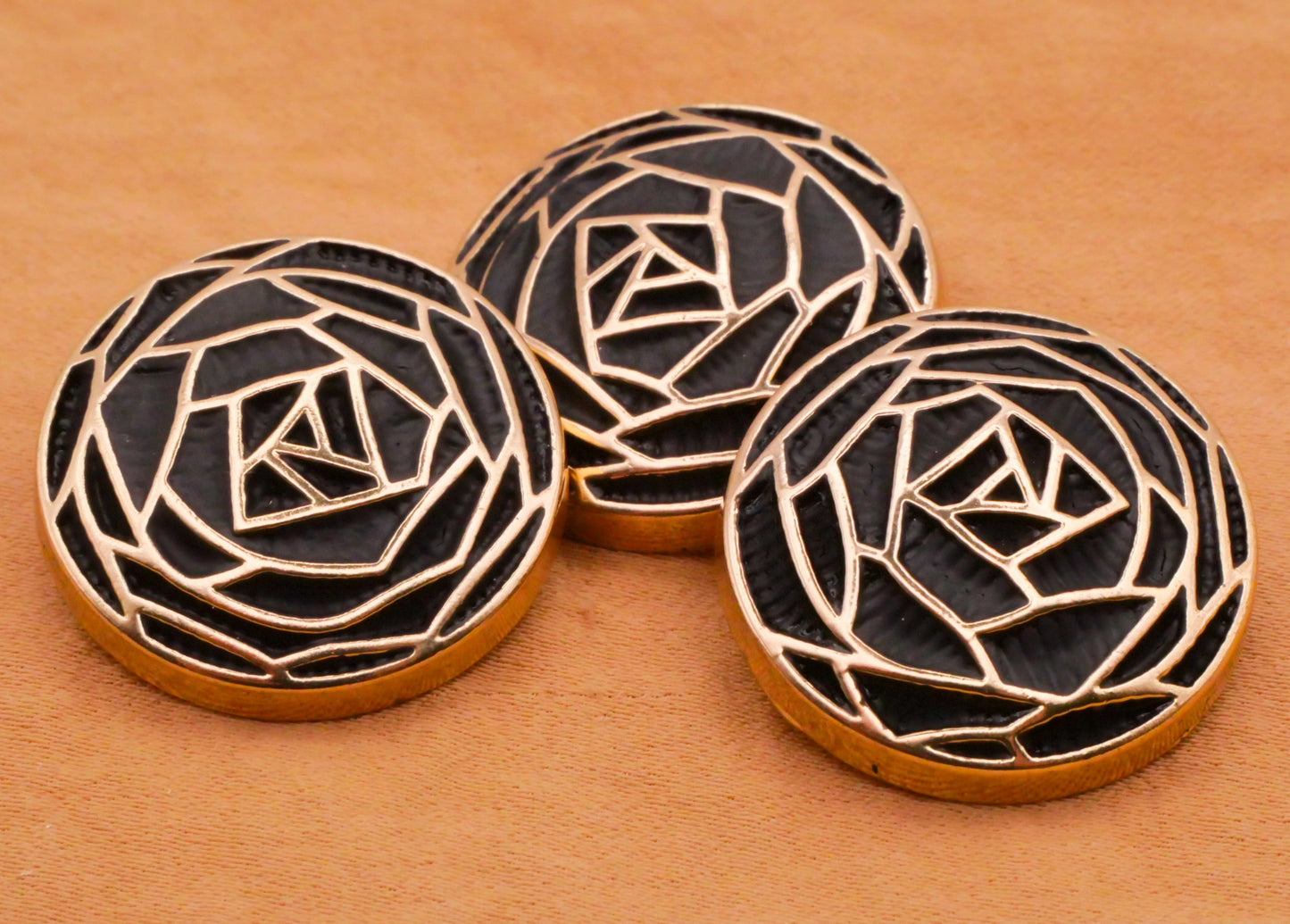 Rose Flower Geometric Black Enamel Gold Metal Button 23mm