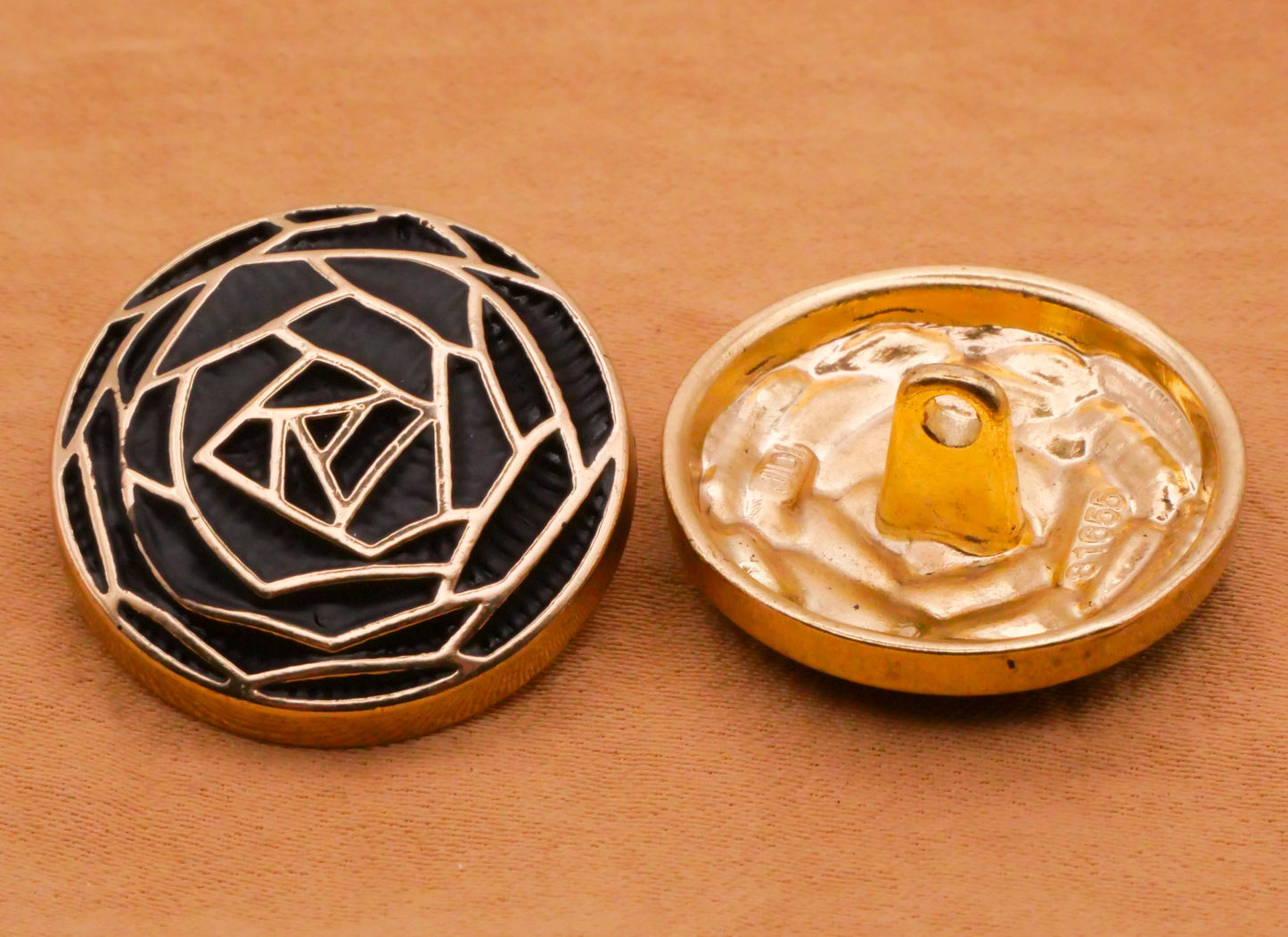 Rose Flower Geometric Black Enamel Gold Metal Button 23mm