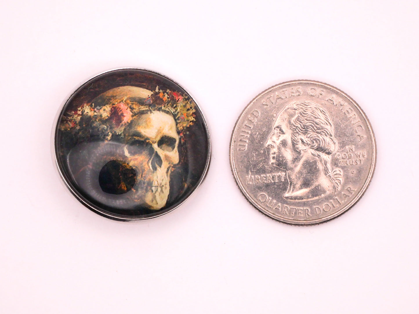 Skull Wearing Wreath Flowers Thomas Satterwhite Noble Glass Dome Silver Metal Button 27mm