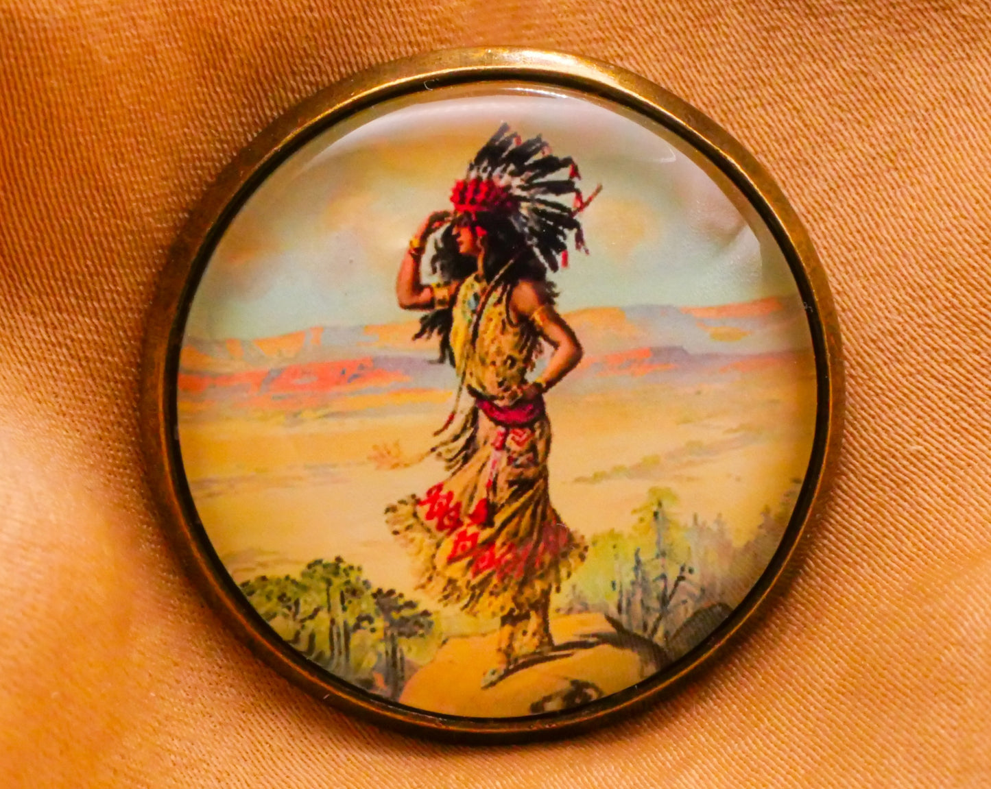 Native American Woman Landscape Illustration Glass Dome Bronze Metal Button 28mm