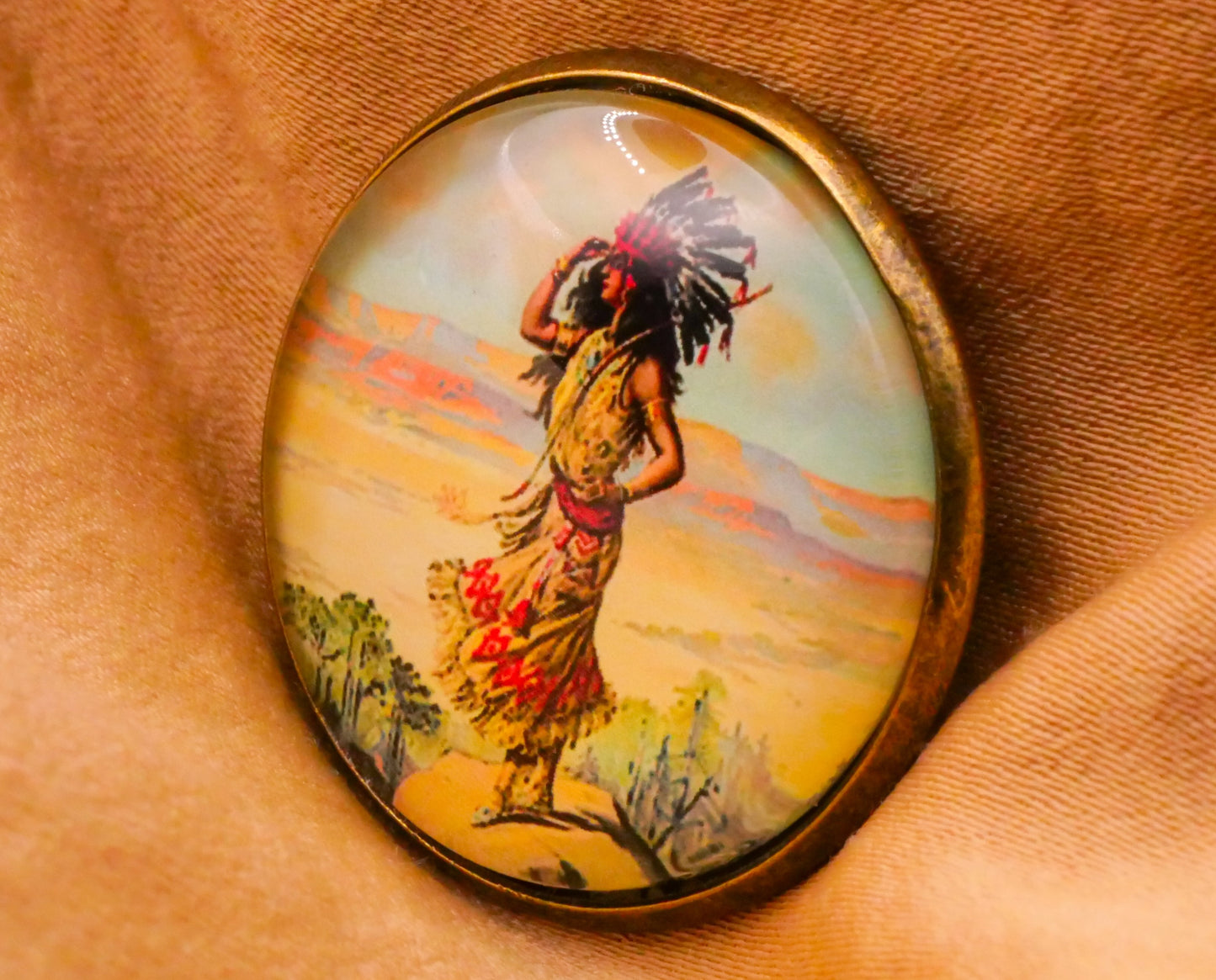 Native American Woman Landscape Illustration Glass Dome Bronze Metal Button 28mm