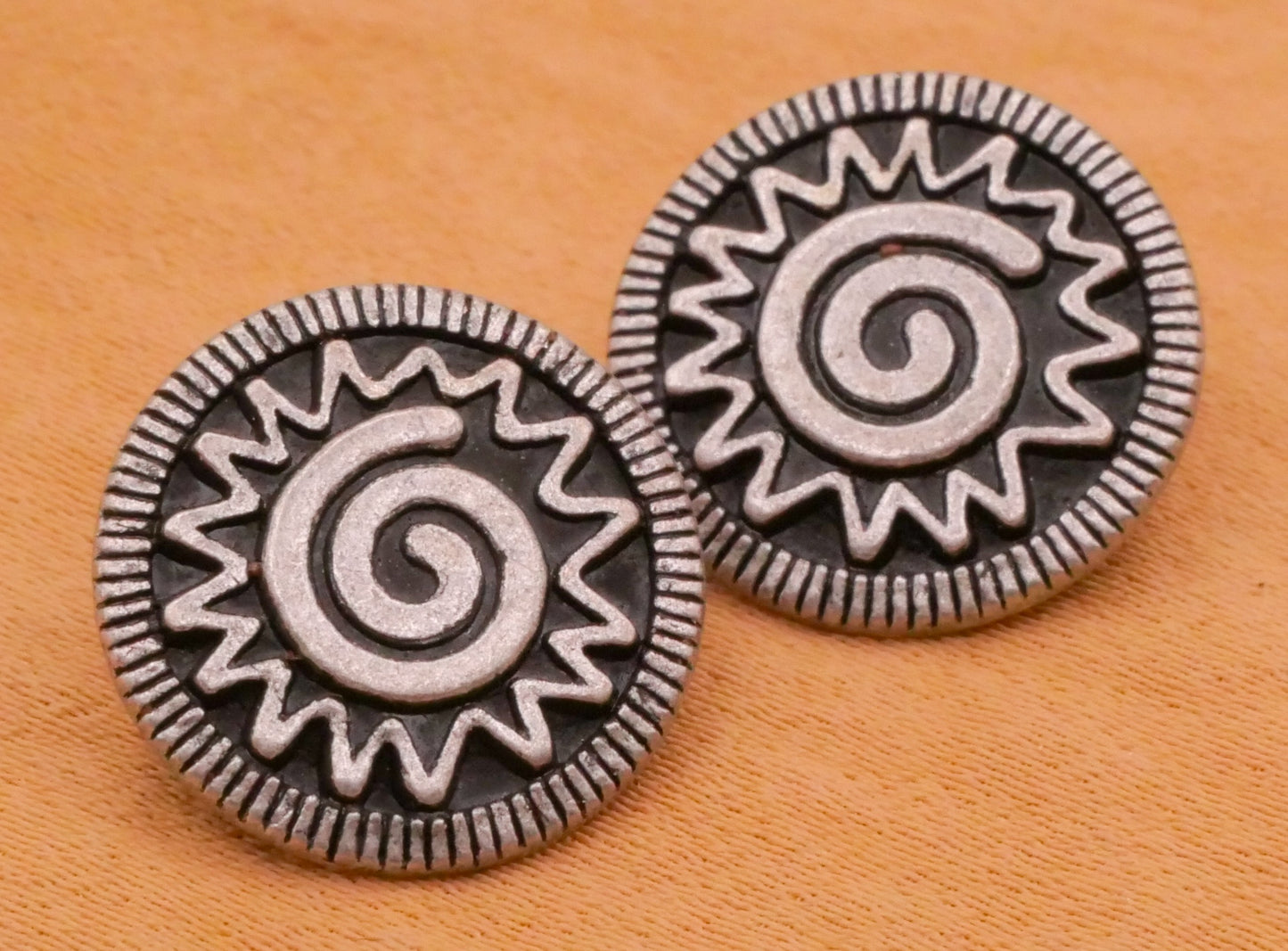 Tribal Sun Swirl Antique Silver Metal Pair of Buttons 15mm