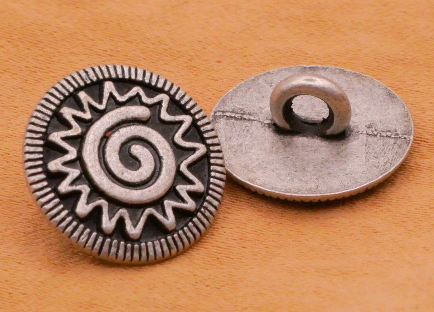 Tribal Sun Swirl Antique Silver Metal Pair of Buttons 15mm