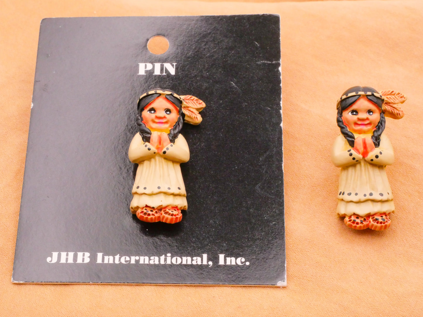 Native American JHB Vintage Painted Plastic Pin Brooch 17x32mm