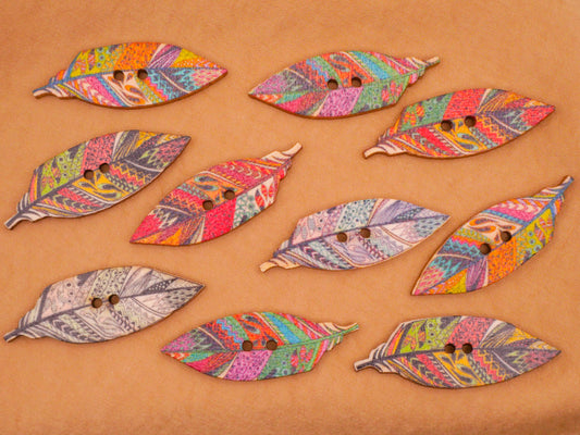 Feather Colorful Pattern Wood Sew-Thru Set of Ten Buttons 15x43mm