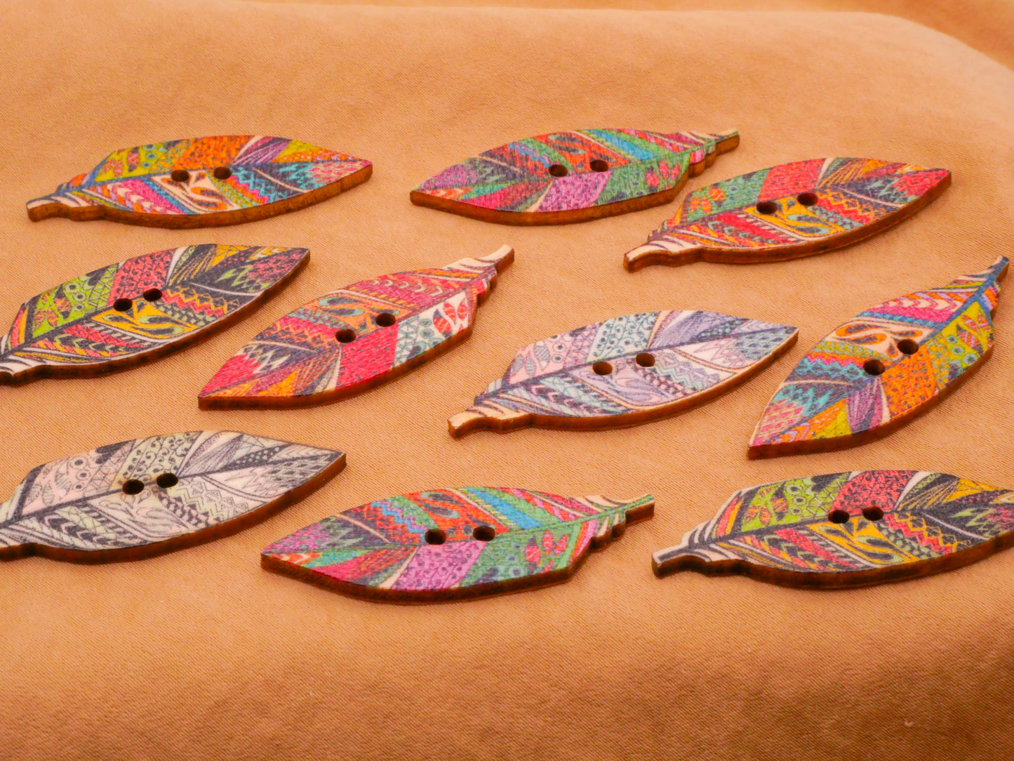 Feather Colorful Pattern Wood Sew-Thru Set of Ten Buttons 15x43mm