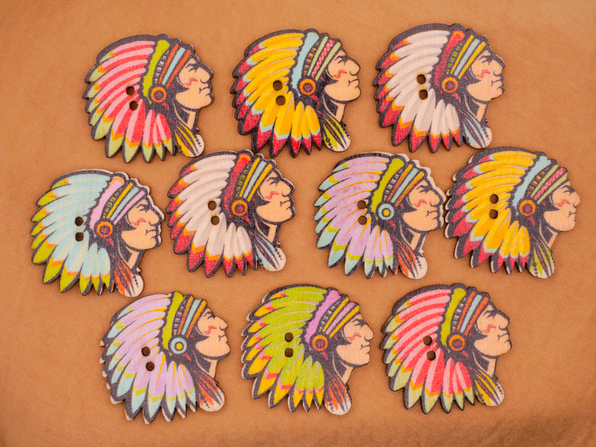 Tribe Button Native American Chief Colorful Wood Assorted of Ten Buttons 30x31mm ...