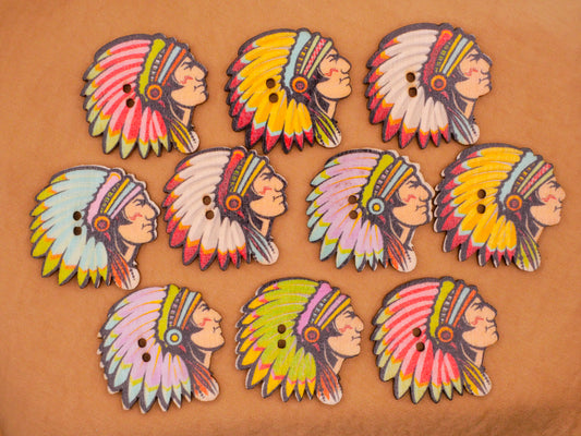 Native American Chief Colorful Wood Assorted of Ten Buttons 30x31mm