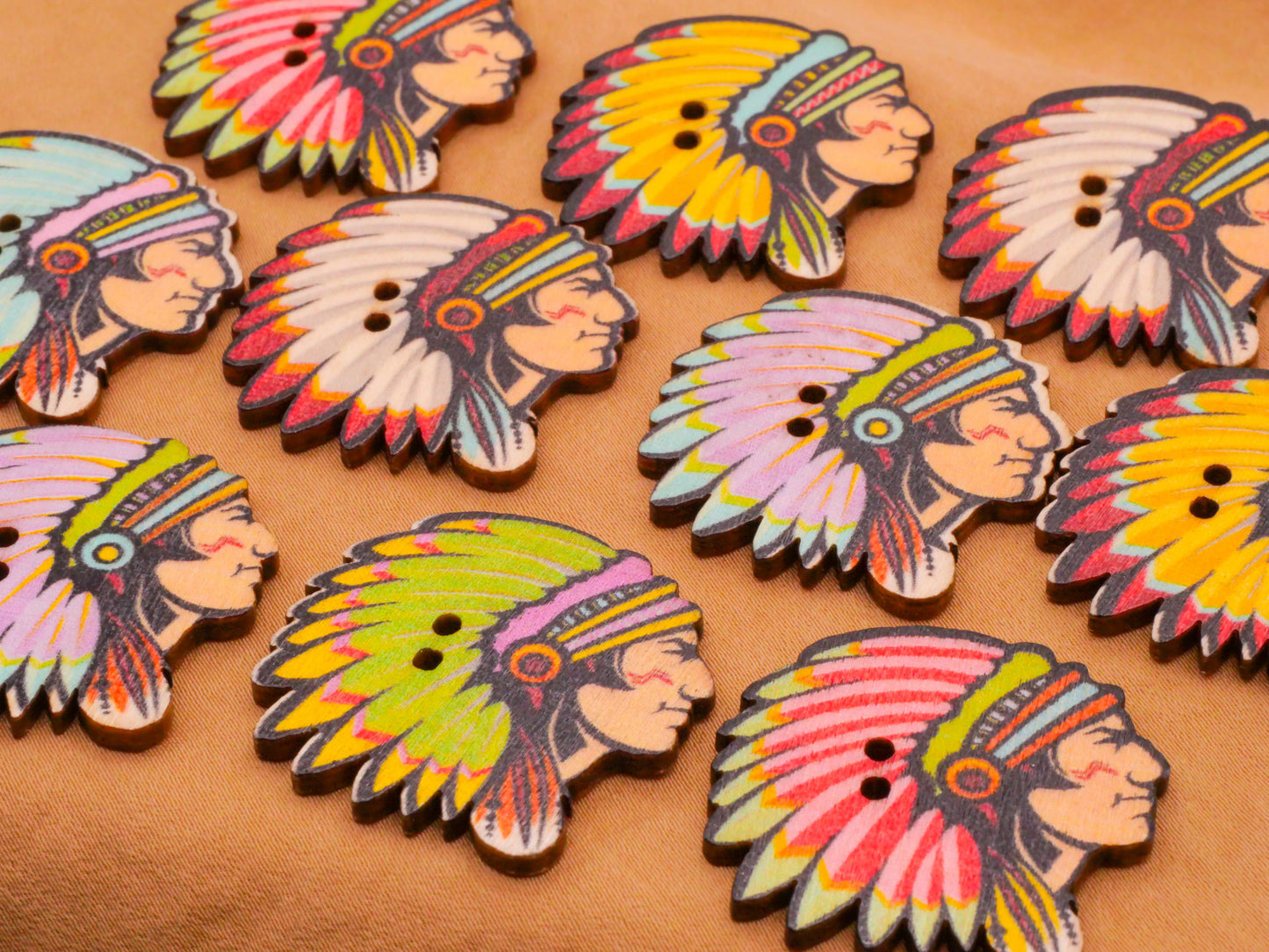 Native American Chief Colorful Wood Assorted of Ten Buttons 30x31mm