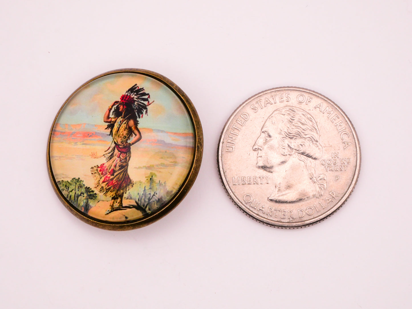 Native American Woman Landscape Illustration Glass Dome Bronze Metal Button 28mm