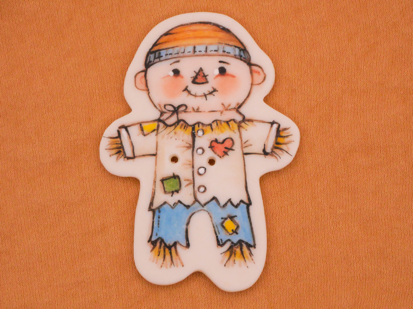 Scarecrow Heart Hand-Painted Porcelain Ceramic Large Button 35x49mm