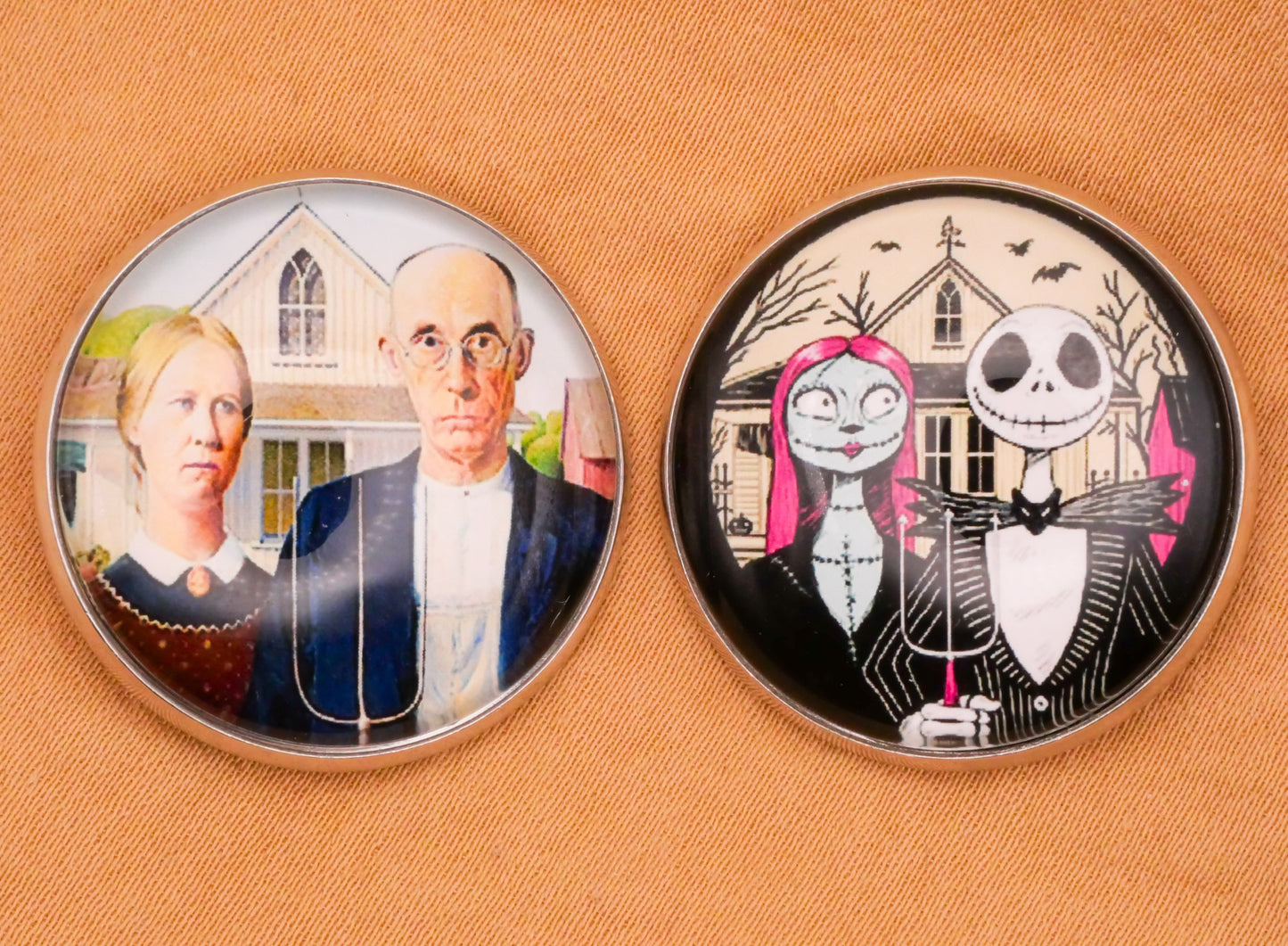 American Gothic Farmer Nightmare Before Christmas Dome Glass Silver Metal Button Various 27mm