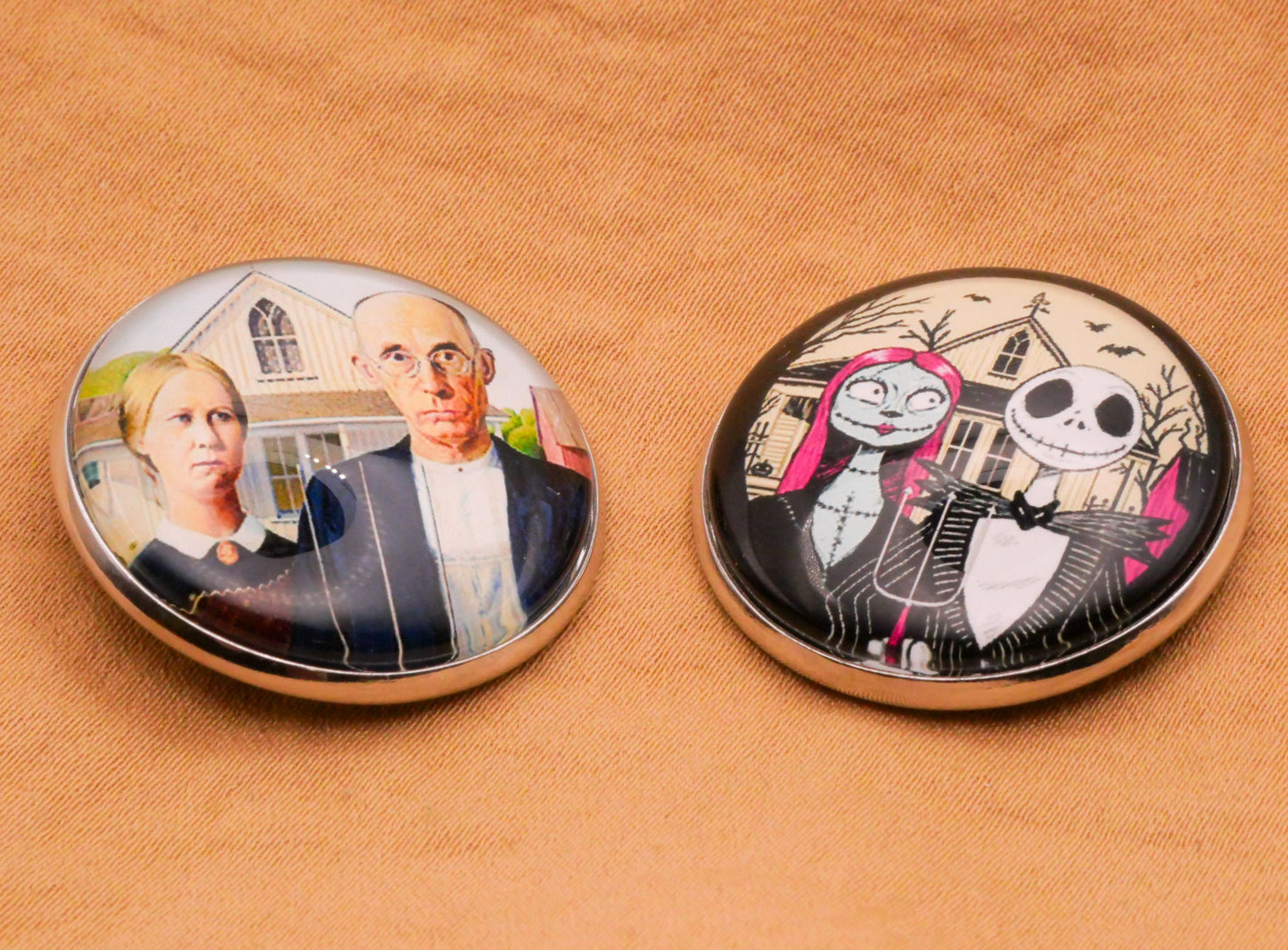 American Gothic Farmer Nightmare Before Christmas Dome Glass Silver Metal Button Various 27mm