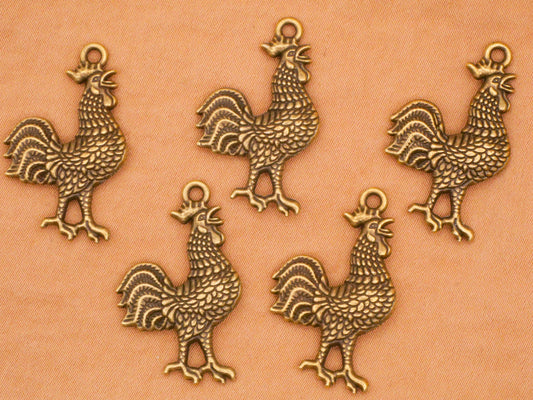 Rooster Realistic Bronze Metal Set of Five Charms Embellishments 19x30mm