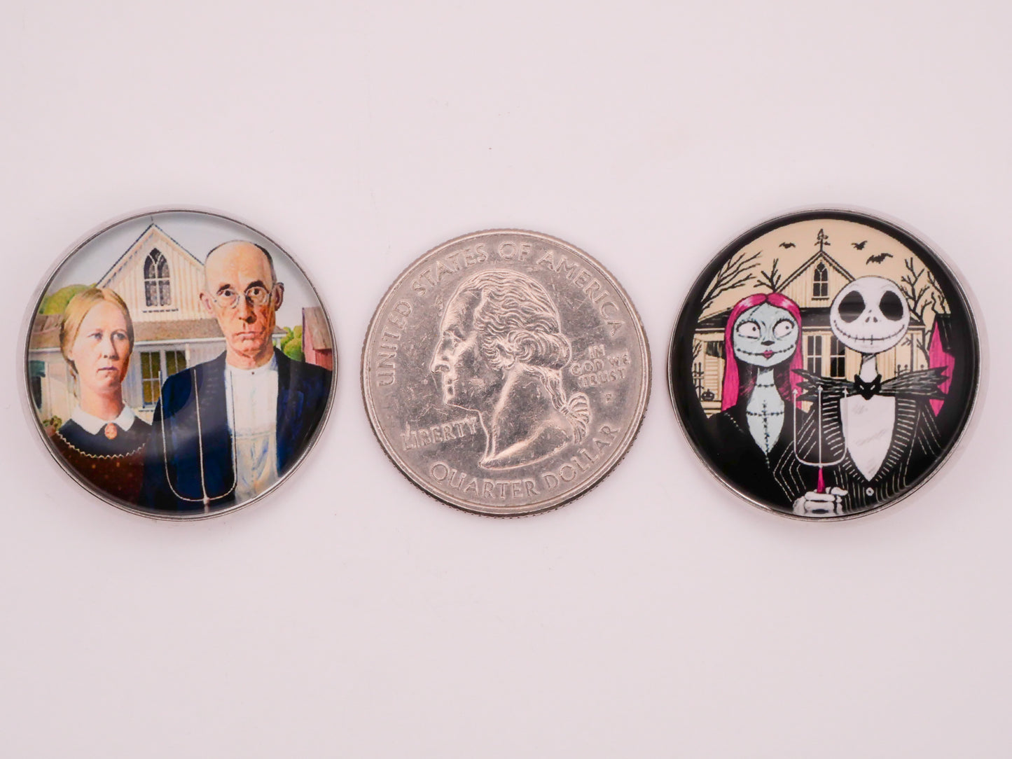 American Gothic Farmer Nightmare Before Christmas Dome Glass Silver Metal Button Various 27mm