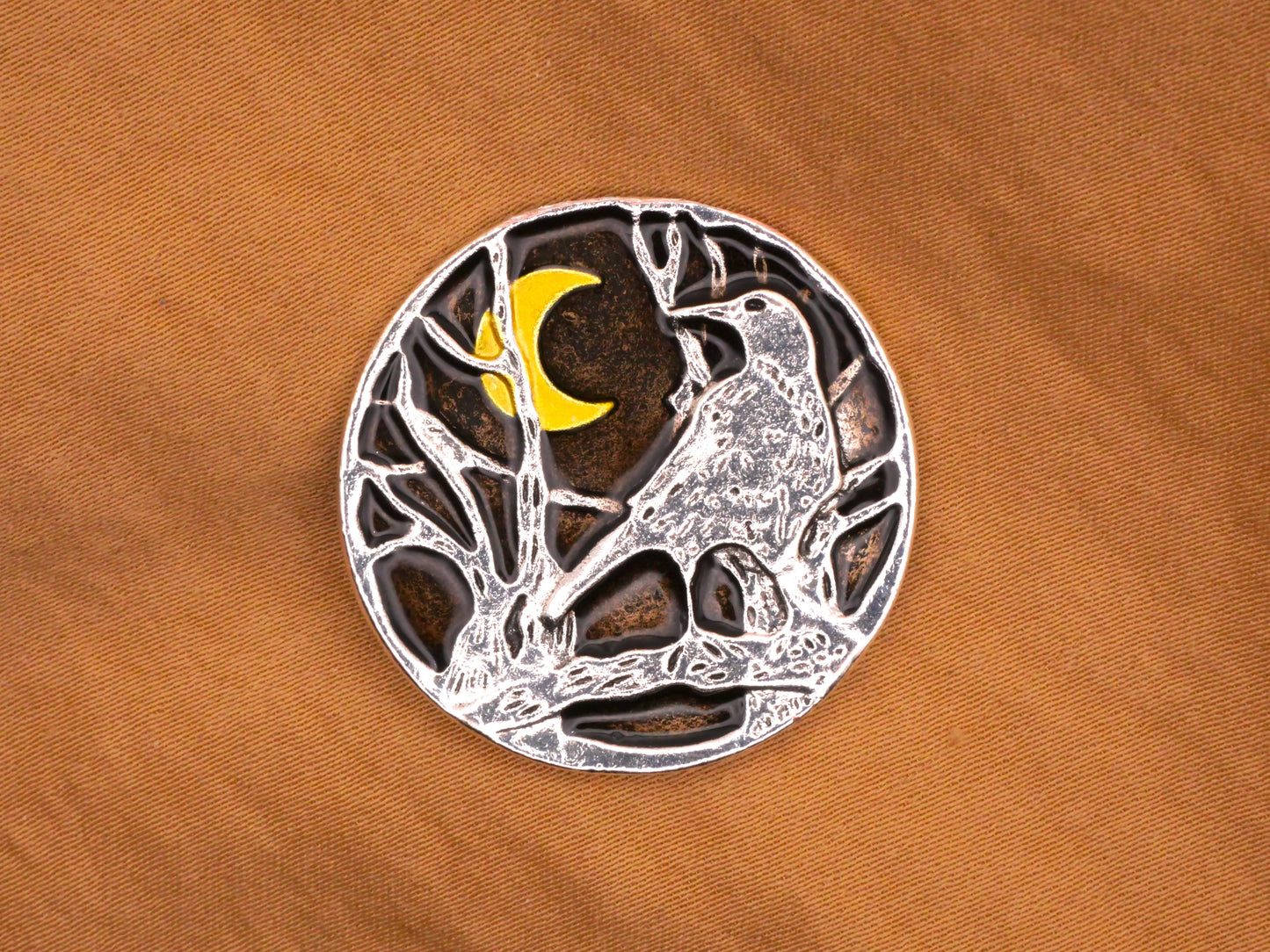 Raven Crow Gold Moon Cold Pressed Enamel Silver Metal Button 30mm