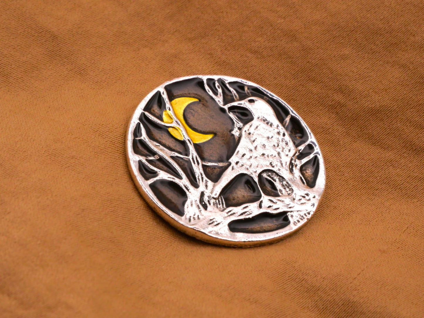 Raven Crow Gold Moon Cold Pressed Enamel Silver Metal Button 30mm