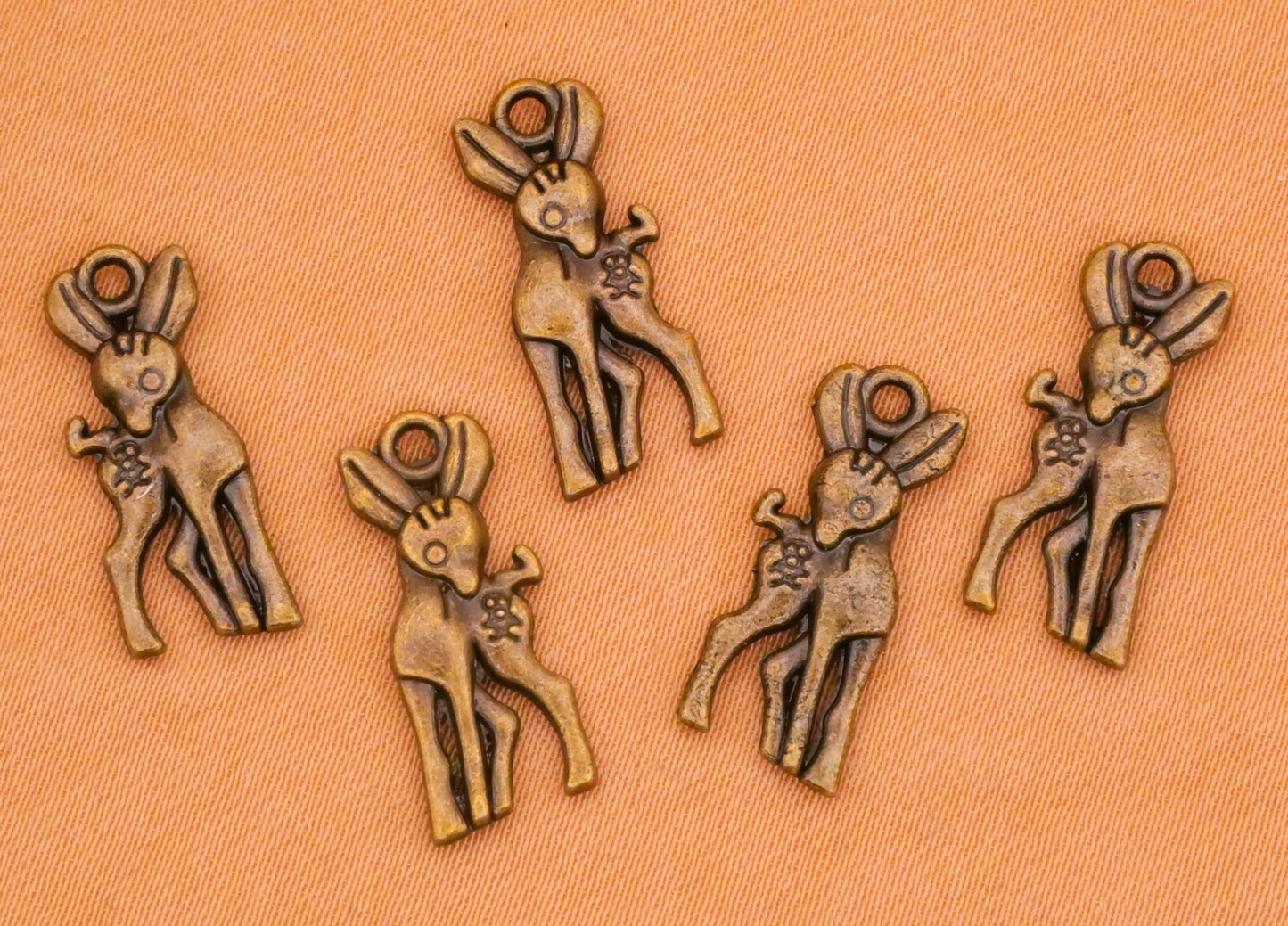 Deer Fawn Bronze Metal Set of Five Charms Embellishments 7x19mm