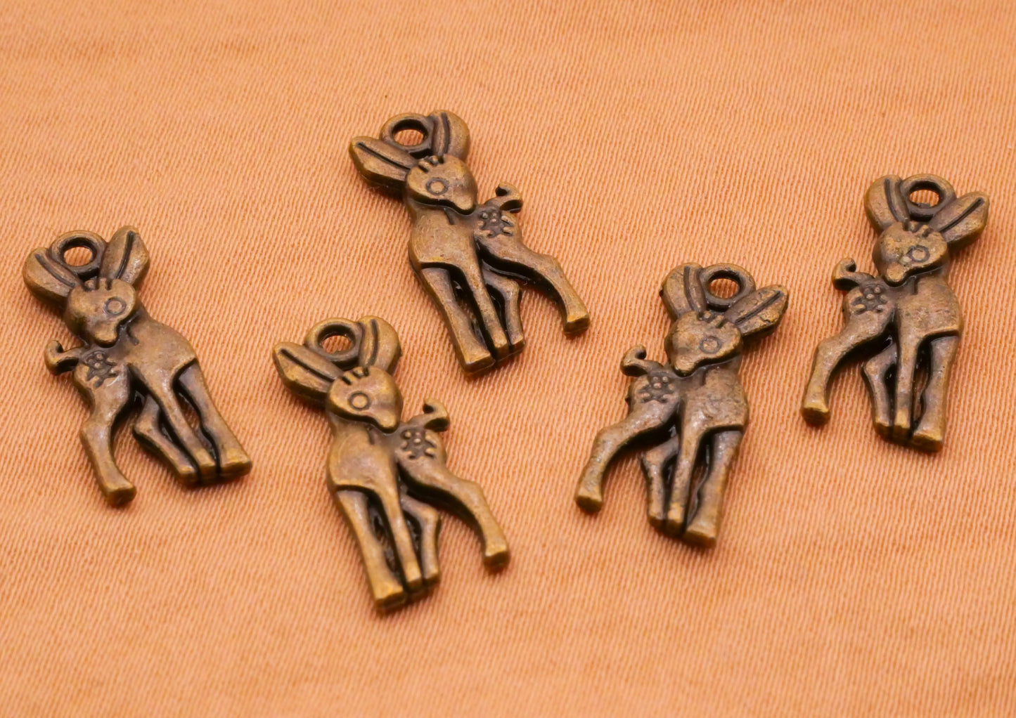 Deer Fawn Bronze Metal Set of Five Charms Embellishments 7x19mm