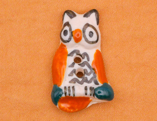 Owl Hand-Painted Orange Teal Ceramic Button 17x28mm