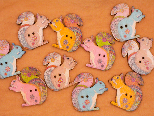 Squirrel Colorful Pattern Wood Set of Ten Buttons 28x30mm