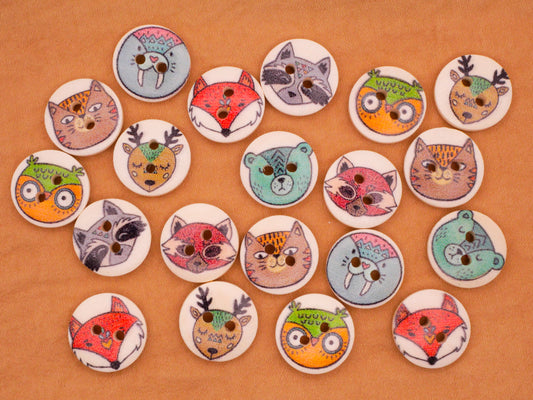 Animals Deer Bear Owl Fox Faces Wood Set of Twenty Buttons 15mm