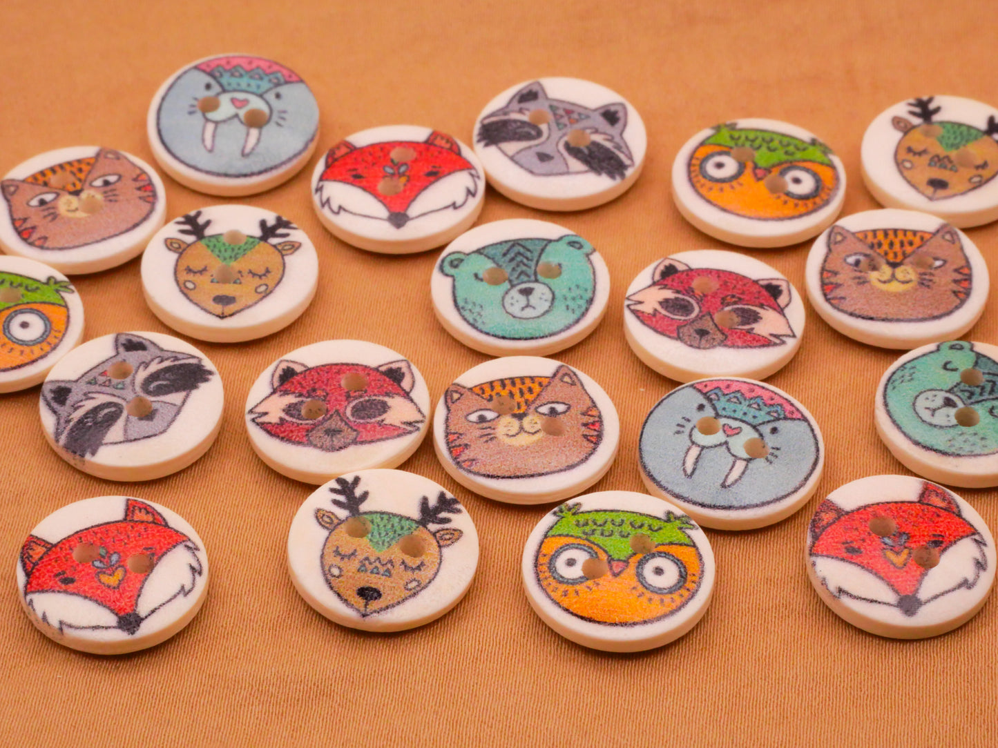 Animals Deer Bear Owl Fox Faces Wood Set of Twenty Buttons 15mm