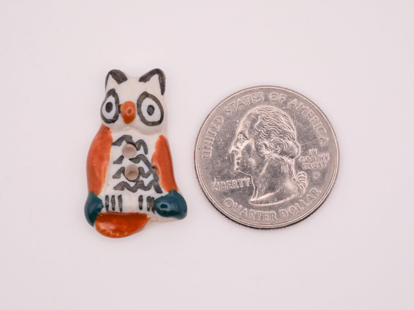 Owl Hand-Painted Orange Teal Ceramic Button 17x28mm