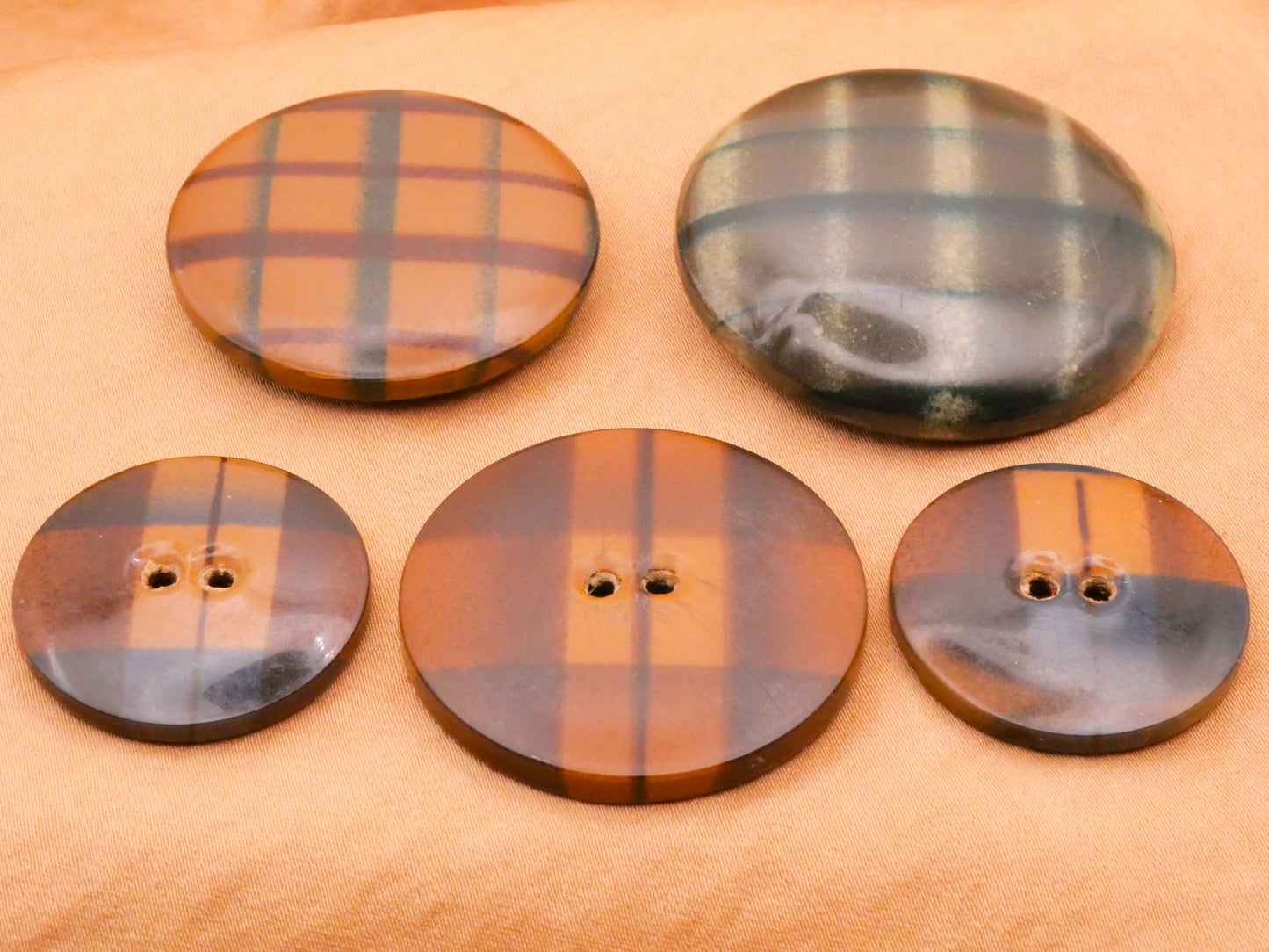 Plaid Brown Green Blue Bubble Tight Top Celluloid Vintage Button Various 28-44mm