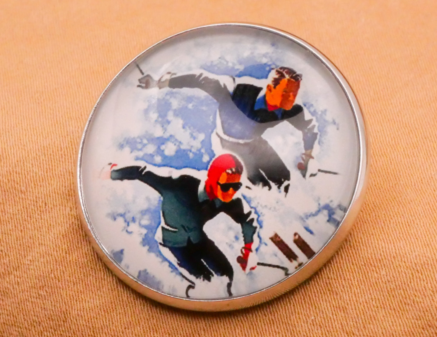 Ski Skiing Sports Glass Dome Silver Metal Button 27mm