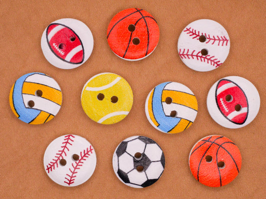 Sports Volleyball Football Soccer Baseball Tennis Basketball Wood Set of Ten Buttons 15mm