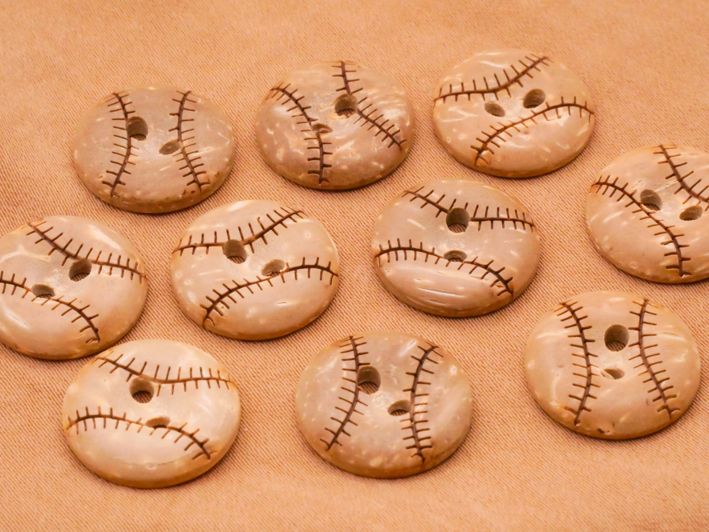 Baseball Laser Cut Stitching Coconut Shell Set of Ten Buttons 15mm