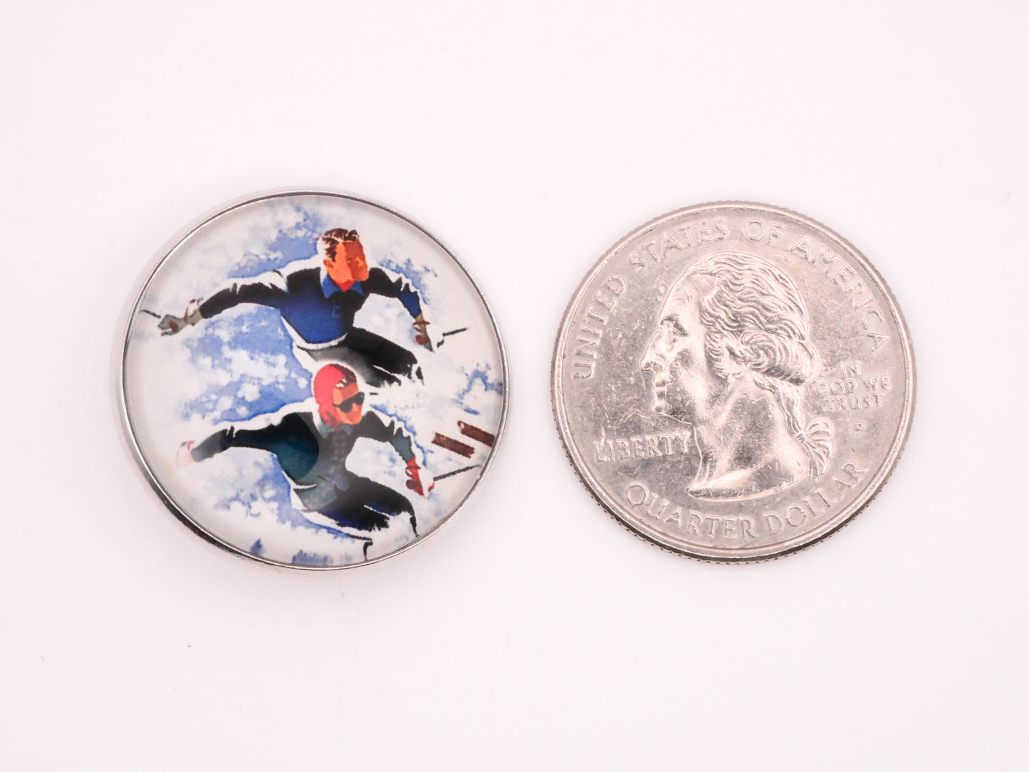 Ski Skiing Sports Glass Dome Silver Metal Button 27mm