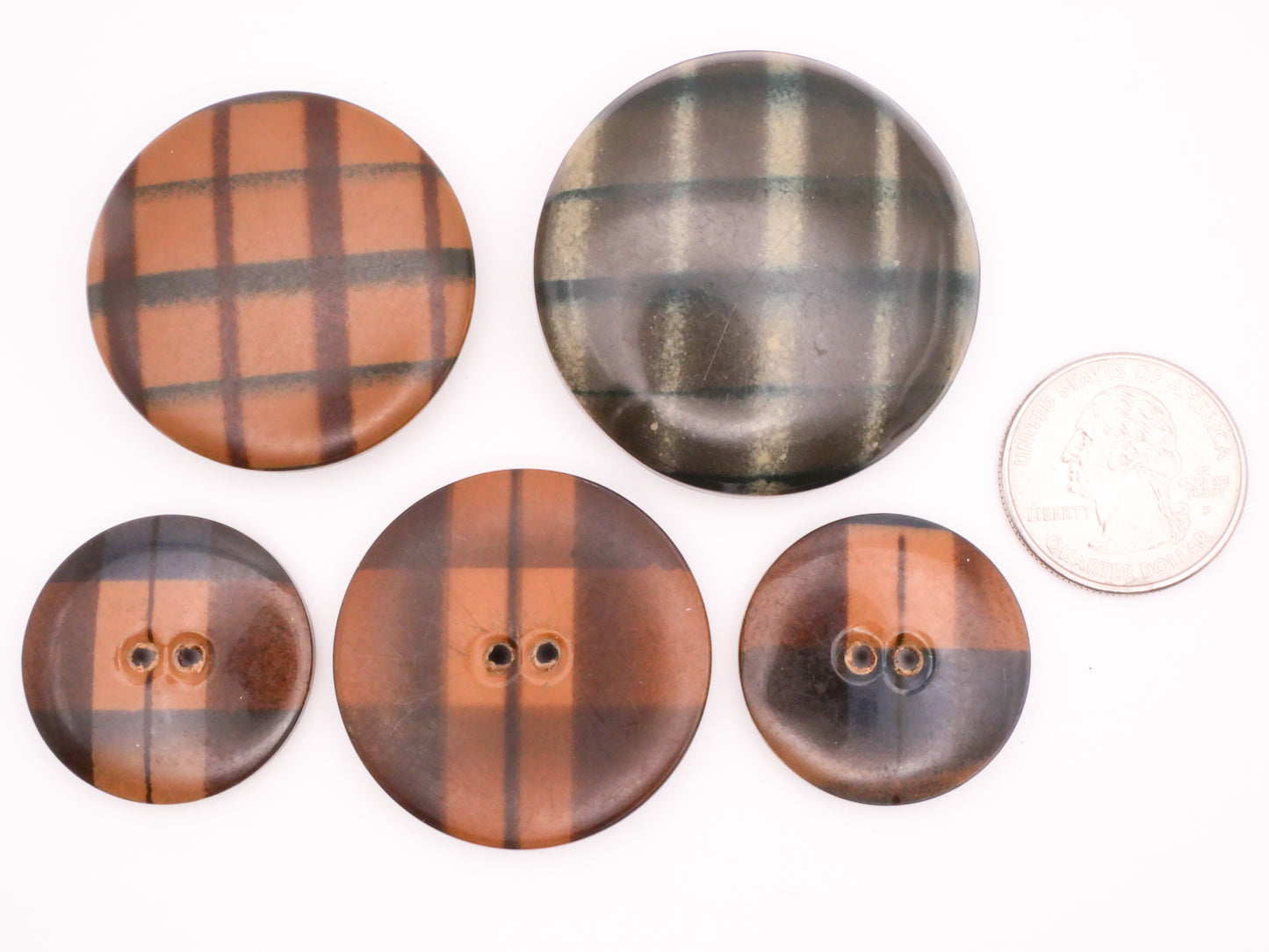 Plaid Brown Green Blue Bubble Tight Top Celluloid Vintage Button Various 28-44mm