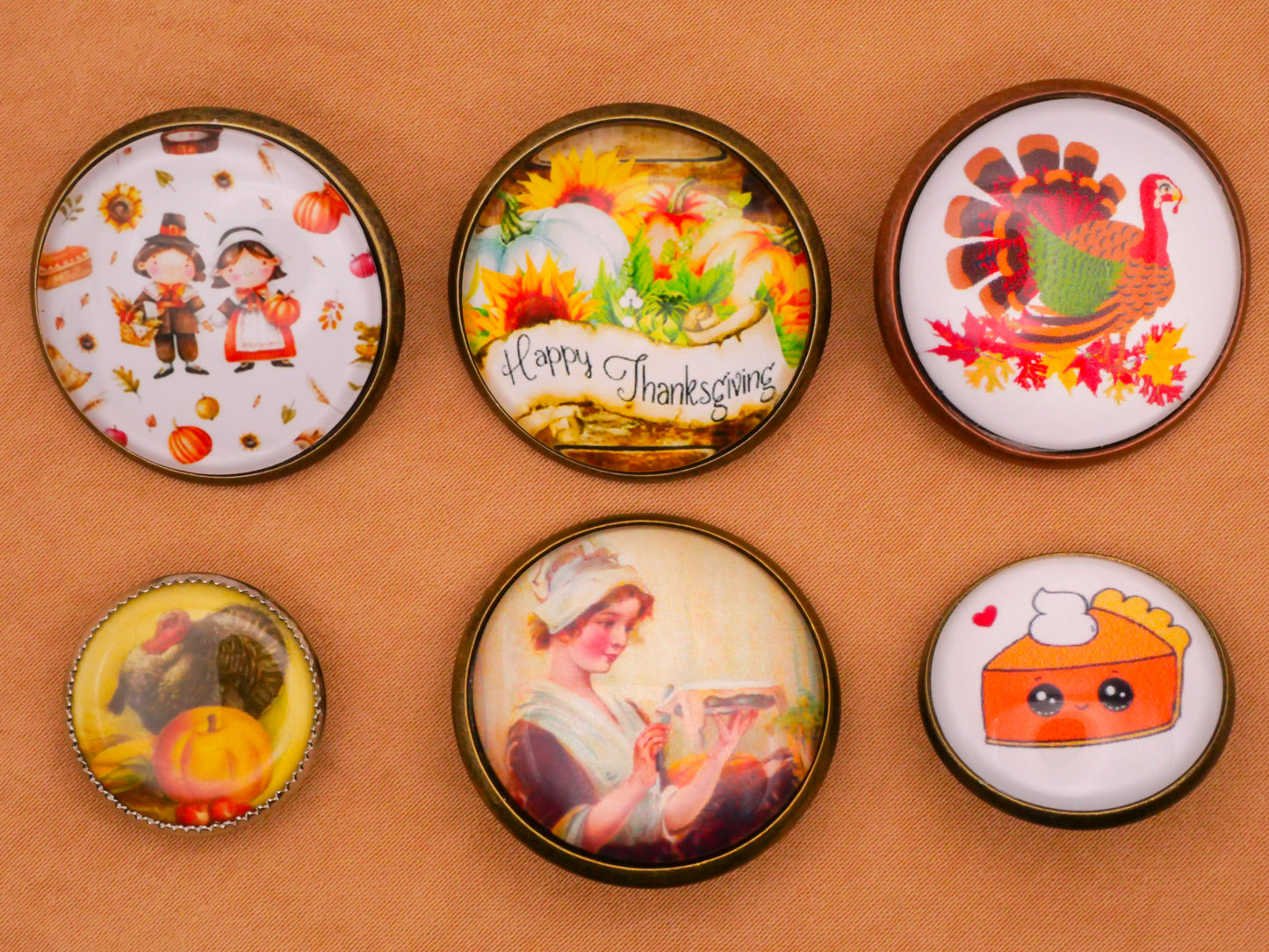 Thanksgiving Turkey Pie Verbal Glass Dome Metal Button Various 19-28mm