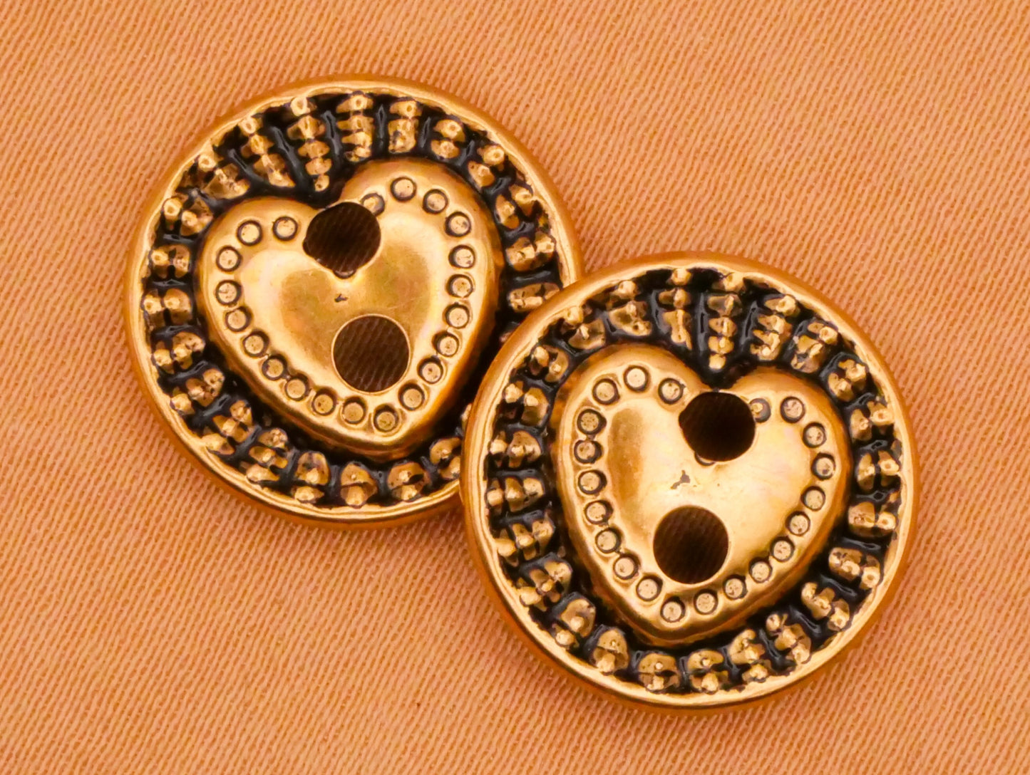 Heart Hollow Brass Colored Metal Sew-Thru Pair of Buttons 15mm