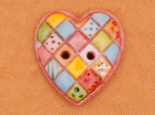 Heart Patchwork Hand-Painted Porcelain Ceramic Button 18x19mm