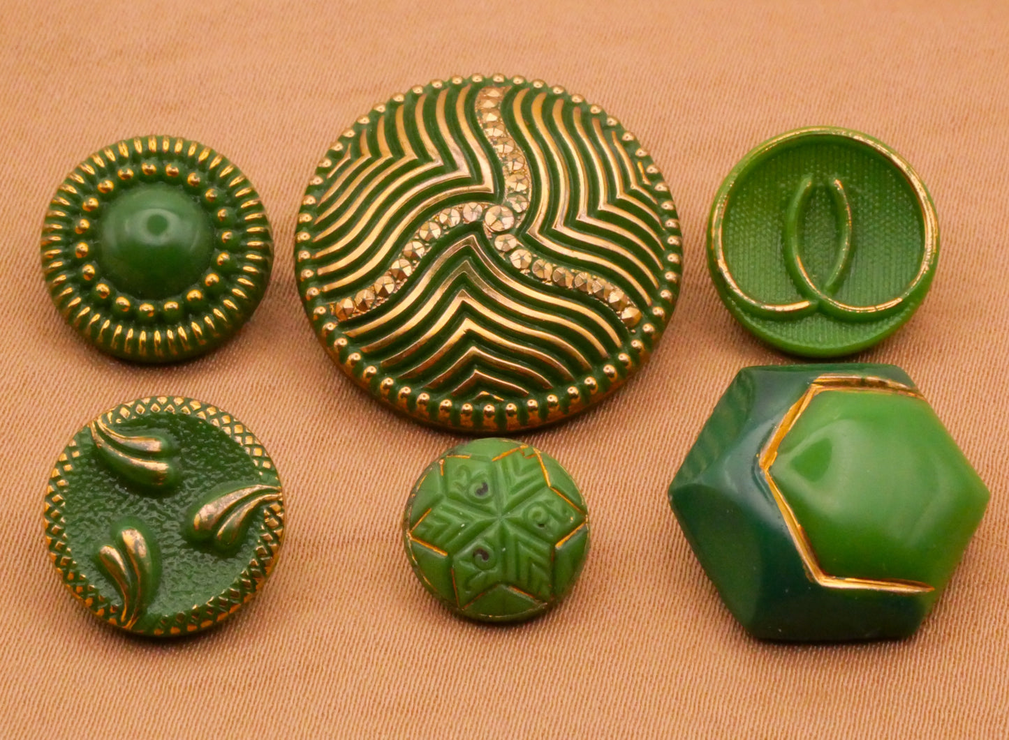 Green Gold Accent Vintage Glass Button Various 10-23mm