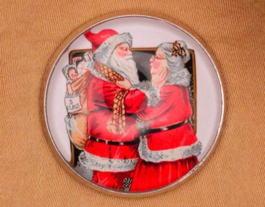 Mr. Mrs. Santa Claus Glass Dome Silver Metal Button 27mm