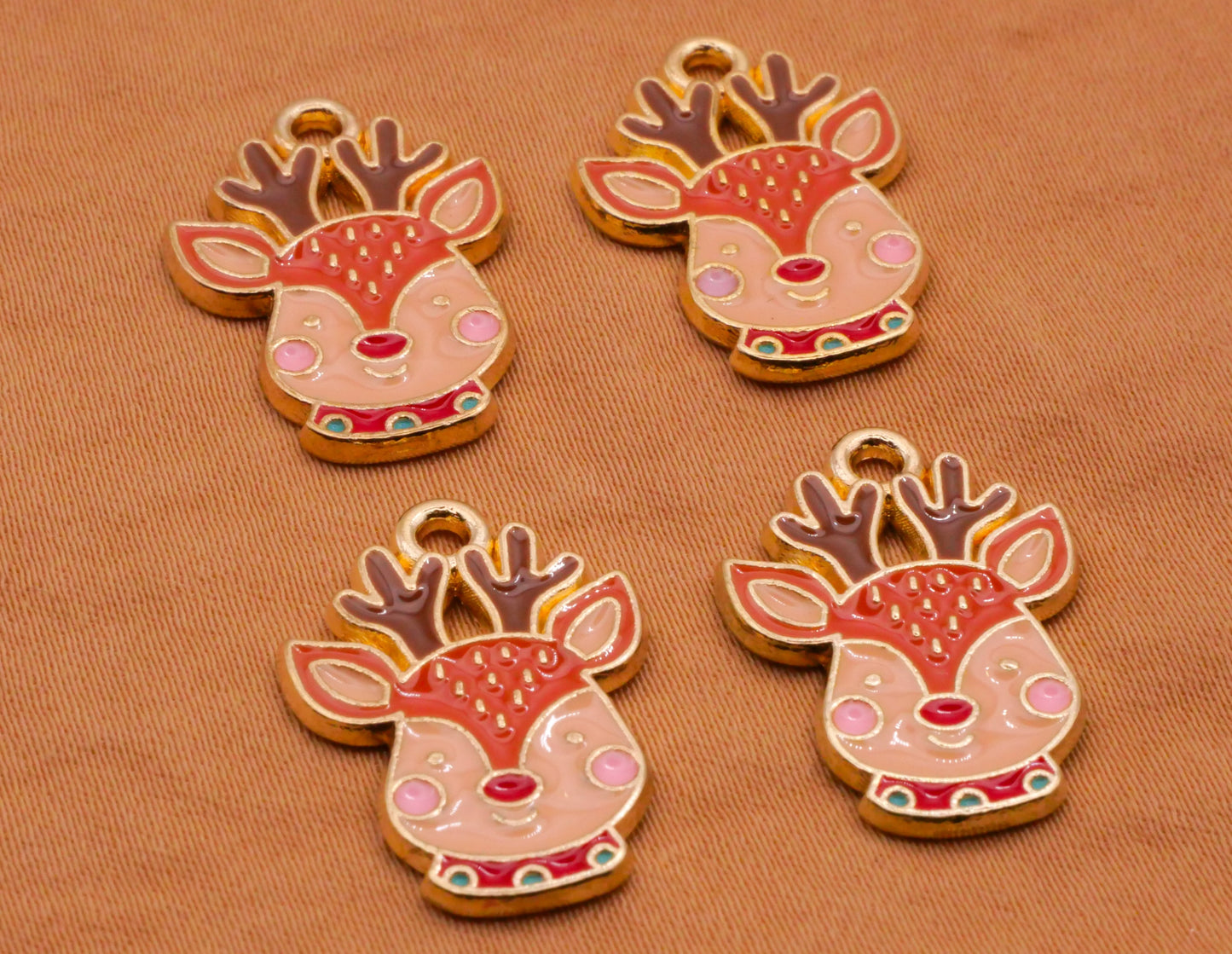 Rudolf Reindeer Deer Enamel Gold Metal Set of Four Charms 15x21mm