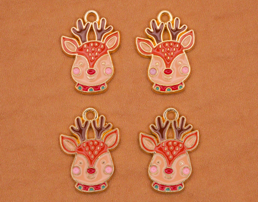 Rudolf Reindeer Deer Enamel Gold Metal Set of Four Charms 15x21mm