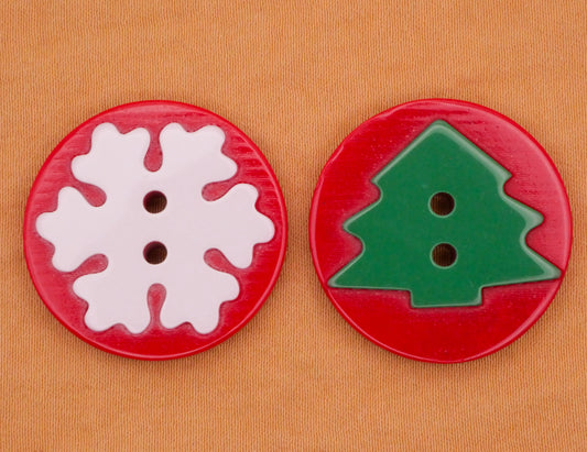 Snowflake Pine Christmas Tree Red Plastic Pair of Buttons Various 25mm