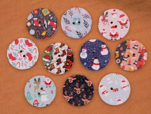 Christmas Pattern Stocking Snowman Santa Assorted Set of Ten Wood Buttons 20mm