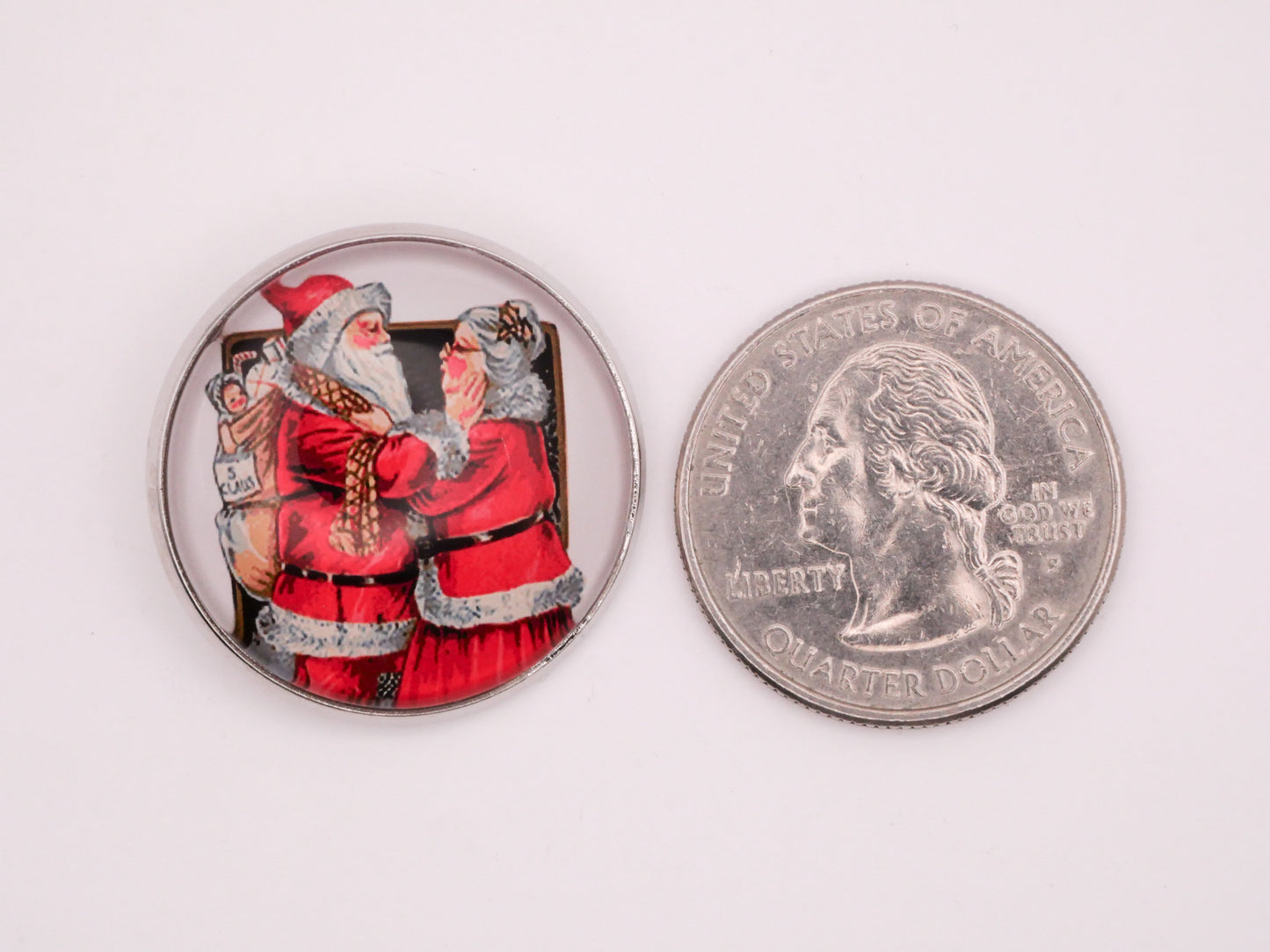 Mr. Mrs. Santa Claus Glass Dome Silver Metal Button 27mm