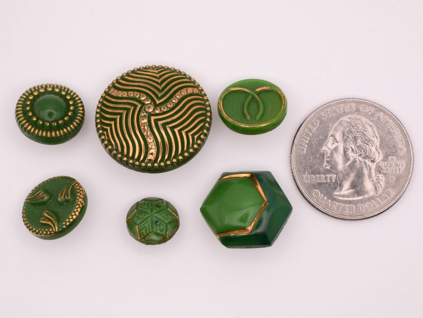 Green Gold Accent Vintage Glass Button Various 10-23mm