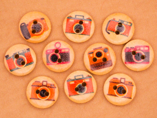 Camera Retro Wood Set of Ten Buttons 15mm